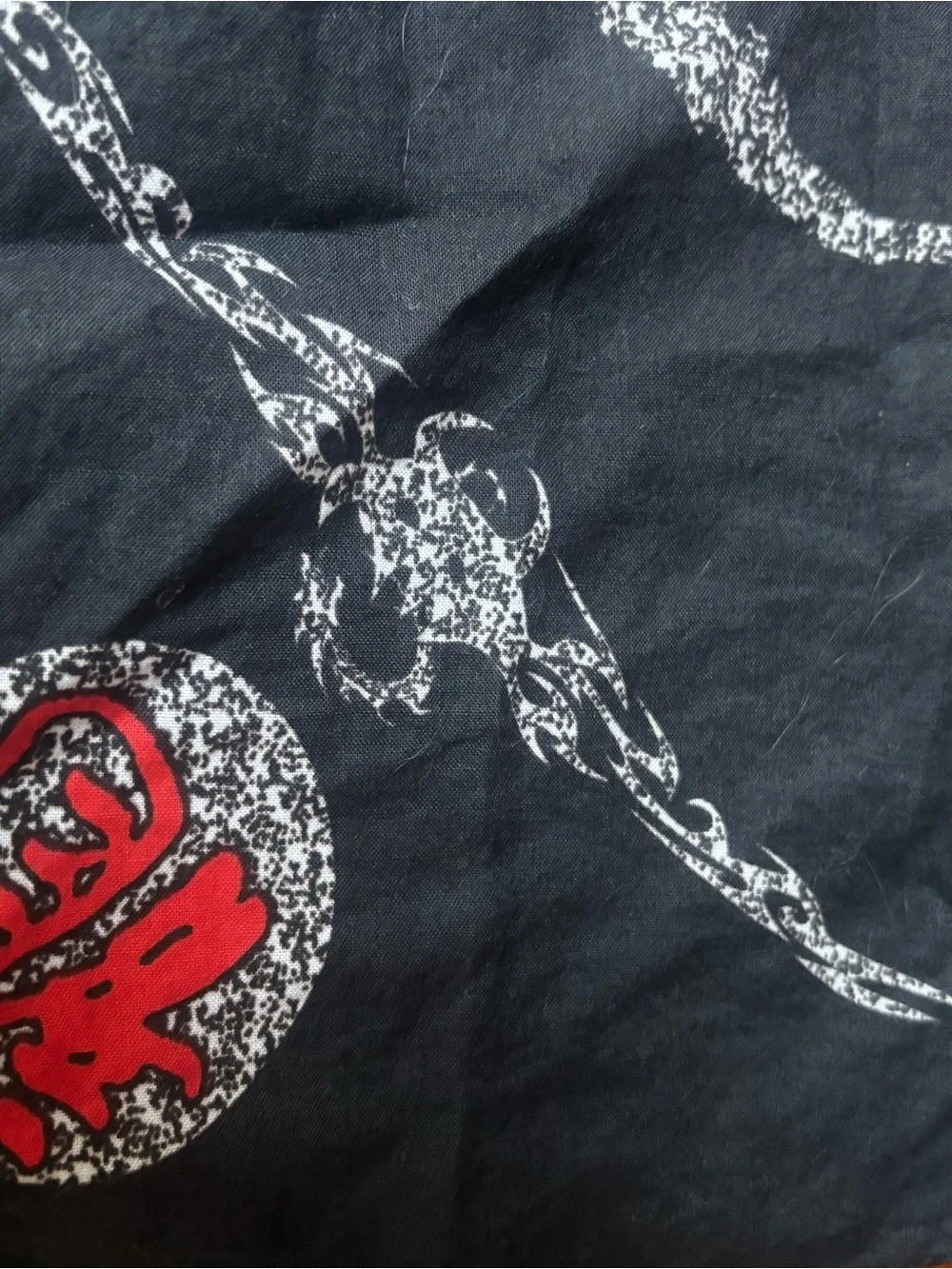 Black Bandana Scarf with Red Chinese Character and Silver Sparkle Design